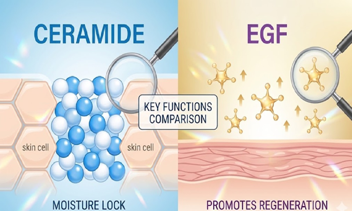 피부 핵심 성분 세라마이드와 EGF의 기능을 비교한 인포그래픽. 왼쪽 파란색 섹션은 세라마이드 분자가 벽돌 구조의 피부 세포 사이를 채우는 모습과 '보습 잠금' 돋보기를, 오른쪽 금색 섹션은 EGF 분자가 재생 화살표와 함께 세포 재생을 지시하는 모습과 '재생 촉진' 돋보기를 보여주는 과학적인 스타일의 이미지.