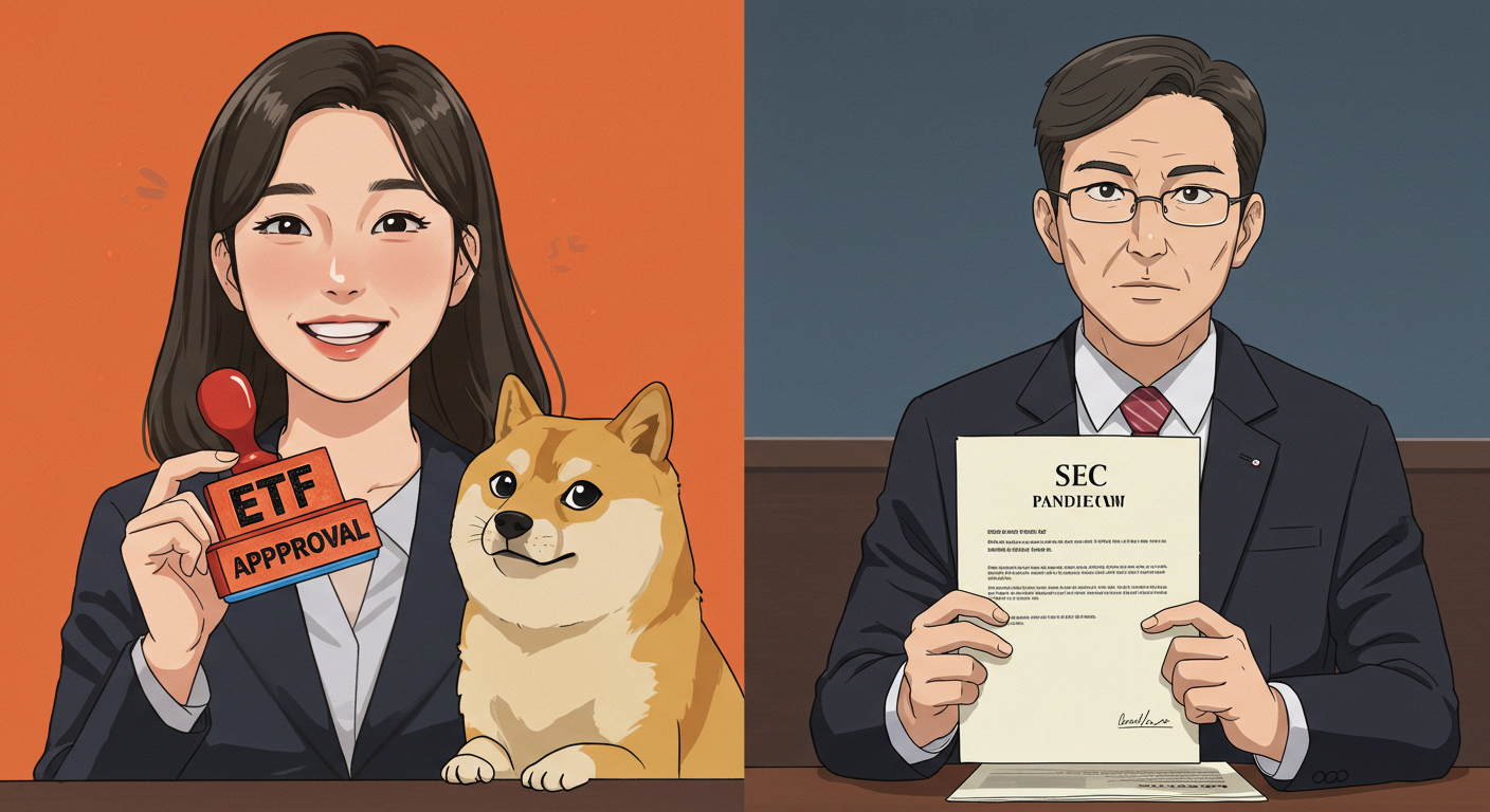 도지코인 ETF 승인 가능성을 상징하는 장면