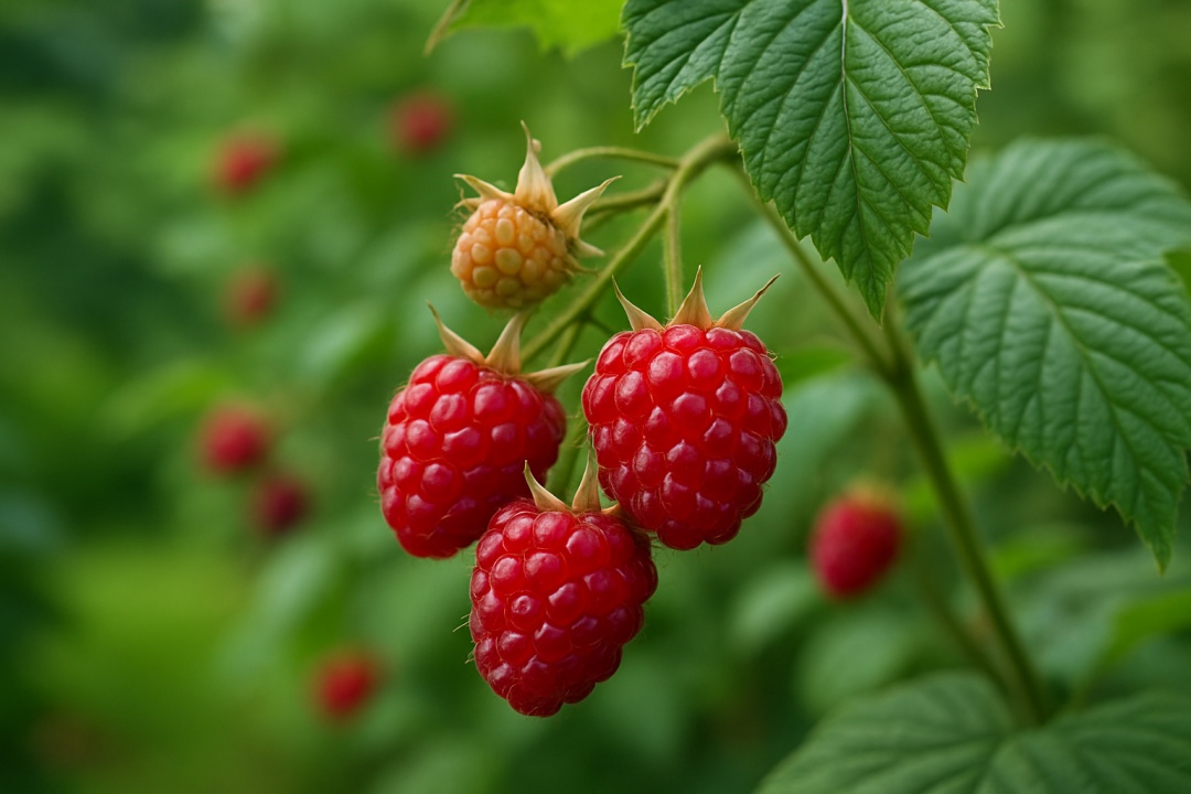 나무딸기 열매가 열린 가지와 초록잎이 어우러진 여름 정원의 모습