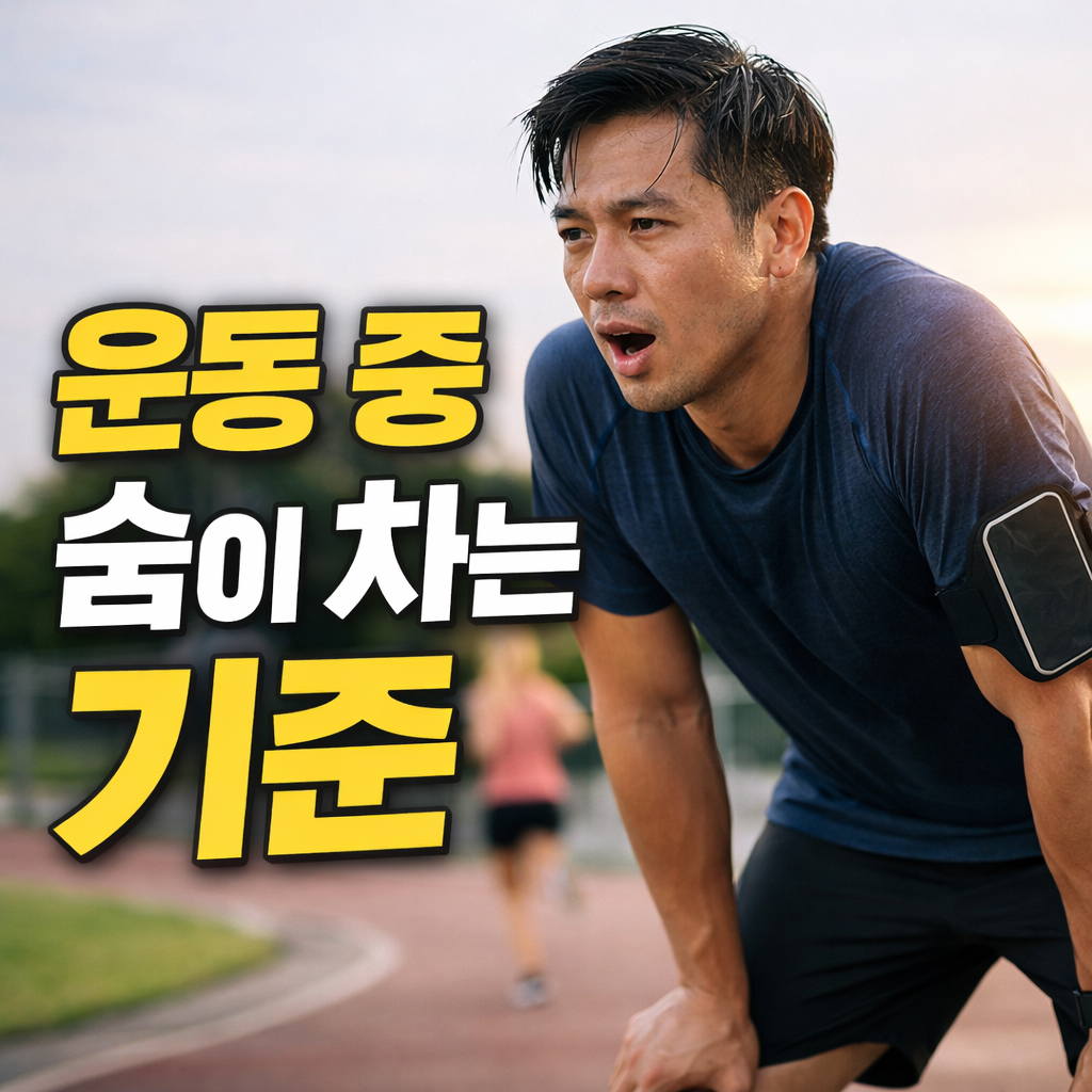 운동 후 숨을 고르며 상체를 숙인 남성의 모습, 운동 중 숨이 차는 기준을 설명하는 썸네일 이미지