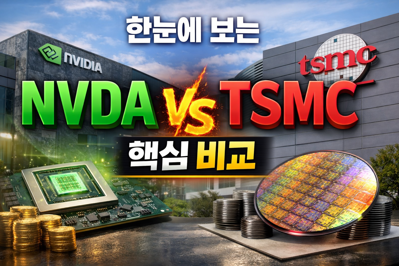 2026 반도체 산업을 주제로 엔비디아 NVDA와 TSMC를 비교한 이미지, AI 반도체 설계 기업과 파운드리 제조사의 차이를 표현한 실사형 썸네일