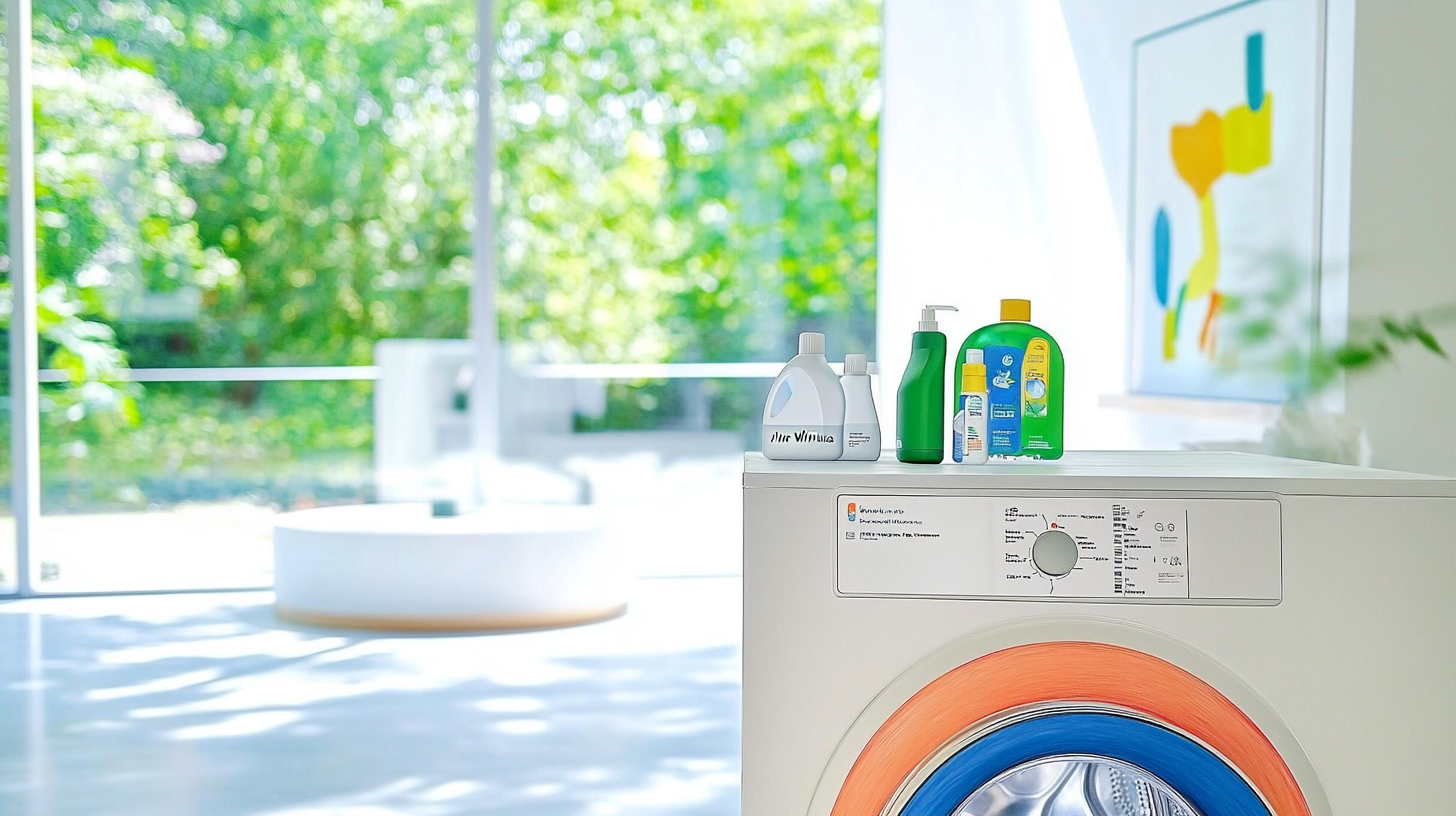 위니아 21kg 공기방울 세탁기가 설치된 넓은 세탁실, 세탁기 드럼이 열려 있고 친환경 세제가 진열된 가족 친화적인 공간