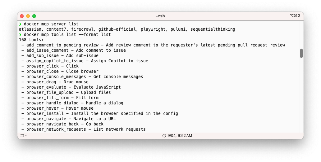도커에 설치된 MCP 서버 / 툴 확인