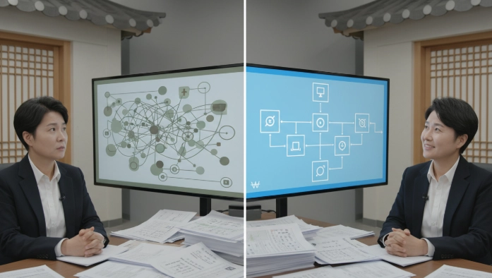2025년 긴급복지 소득 및 재산 기준 변경 전후를 비교하는 이미지. 복잡했던 이전 기준과 명확해진 새 기준을 보여주는 한국인.