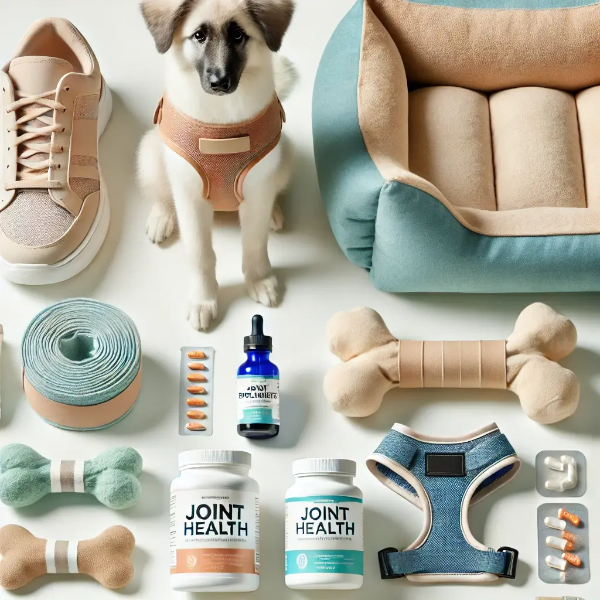 하얀 배경 위에 정리된 반려견 관절 건강 지원 용품들의 전문 스튜디오 촬영 사진