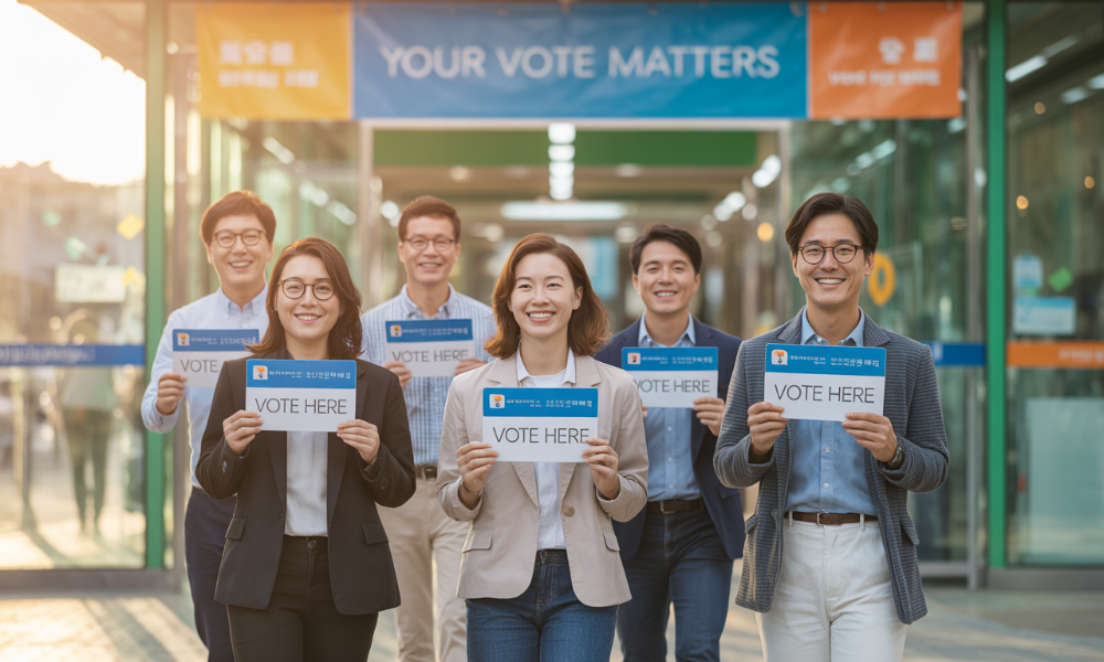 제21대 대통령선거 투표소로 향하는 다양한 연령대의 유권자들이 미소를 지으며 실물 및 모바일 신분증을 들고 있는 모습.