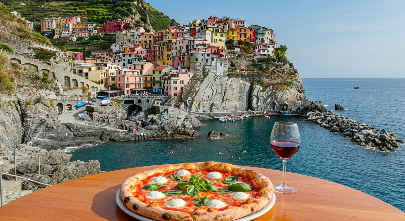 지중해 바다 위로 솟은 절벽과 그 위에 지어진 형형색색 집들