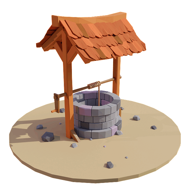 우물이 있다. 갈색 지붕이 있고 우물은 회색 벽돌로 둥글게 지어졌다.