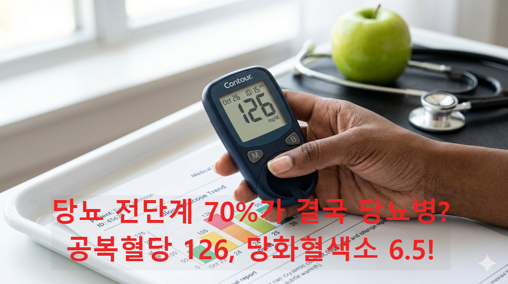 당뇨병 진단 기준 수치 126이 표시된 혈당 측정기와 건강 검진 결과지