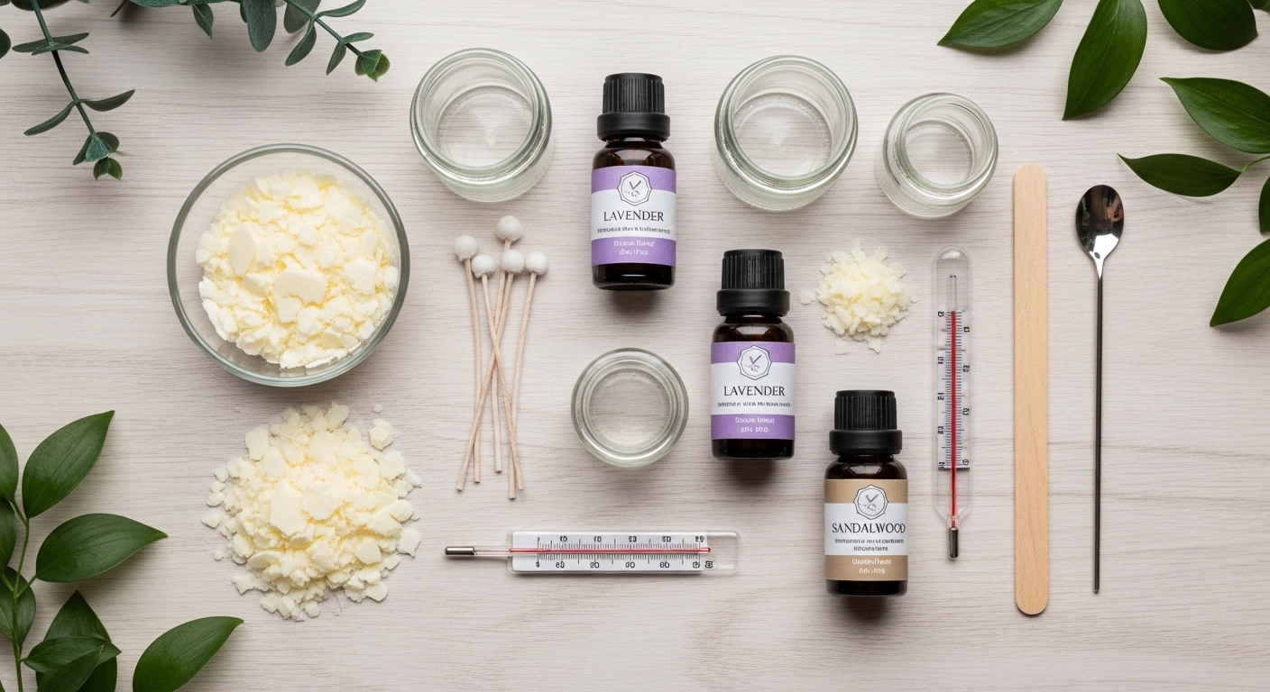 천연 소이 왁스와 라벤더 에센셜 오일이 있는 아로마 캔들 만들기 키트의 감성적인 평면도.