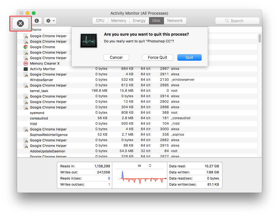 맥의 활동 모니터 프로그램을 통해 앱을 종료하는 방법