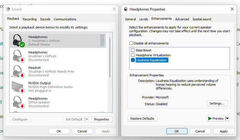 윈도우즈의 사운드 이퀄라이제이션 메뉴