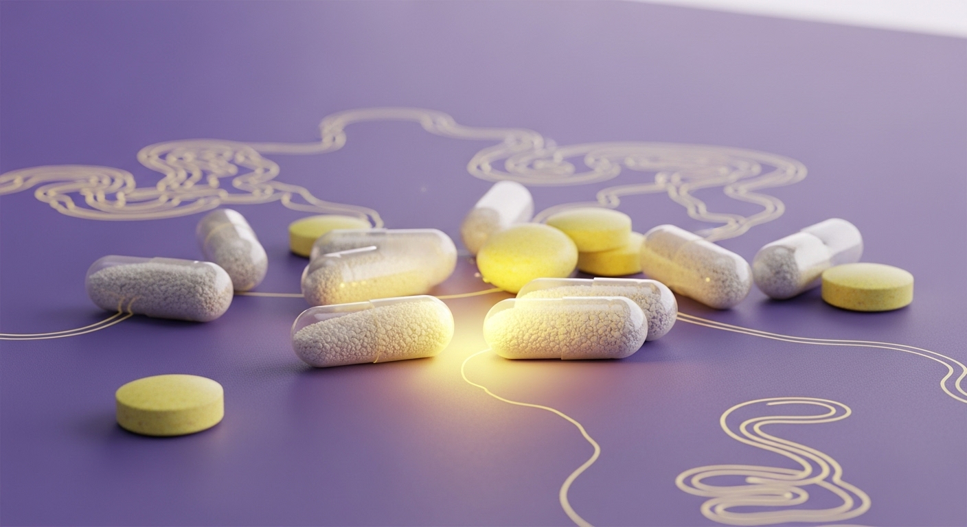 다양한 프로바이오틱스 캡슐이 놓여있는 모습으로 장 건강을 시각적으로 표현