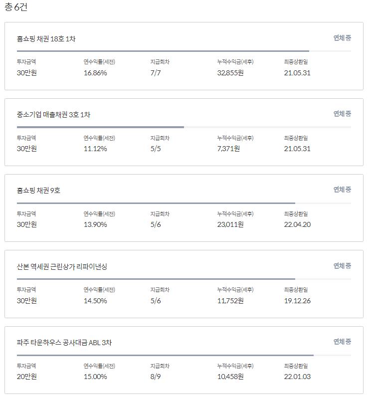 나의 어니스트펀드 연체 및 부실 현황