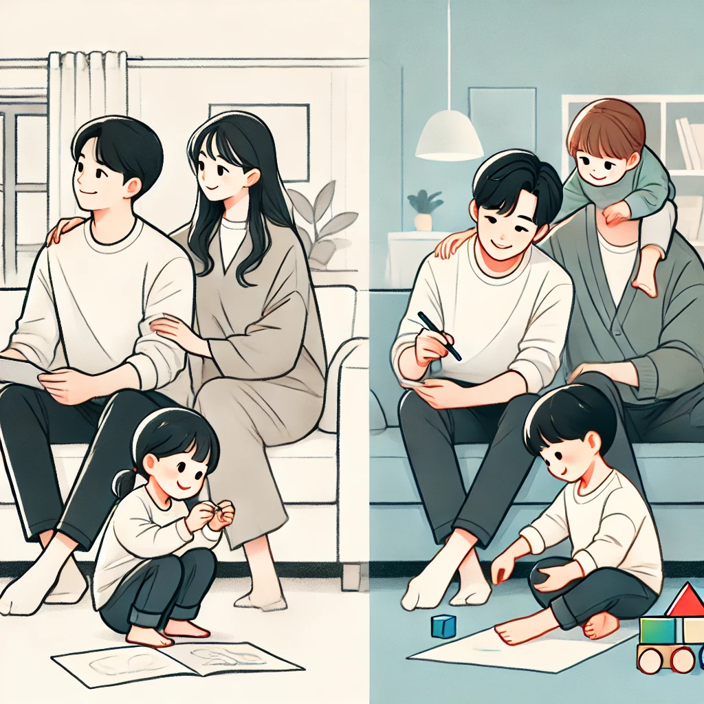 부모는 소파에 앉아&amp;#44; 한 아이가 그림을 그리고 다른 아이가 블록을 쌓는 모습을 따뜻하게 바라보며 응원하는 장면.