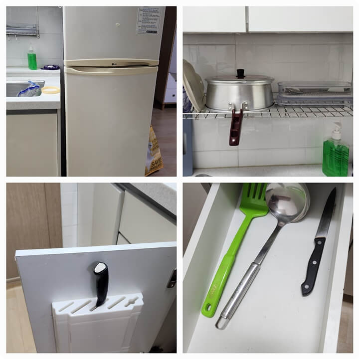 냉장고, 냄비, 싱크대안의 칼 등이 있는 콜라주