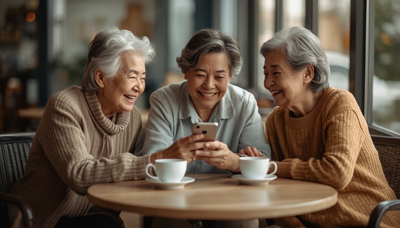 복지관 카페에서 대화를 나누며 즐거워하는 어르신들