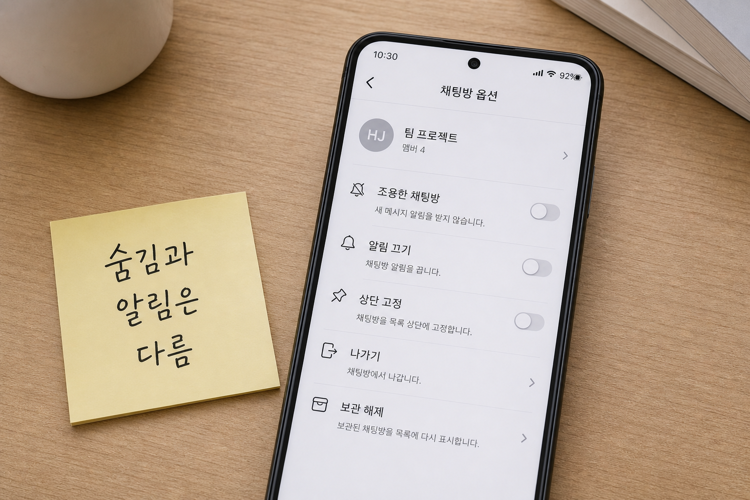 카카오톡 채팅방 옵션에서 조용한 채팅방, 알림 끄기, 상단 고정, 나가기, 보관 해제 메뉴를 비교한 화면