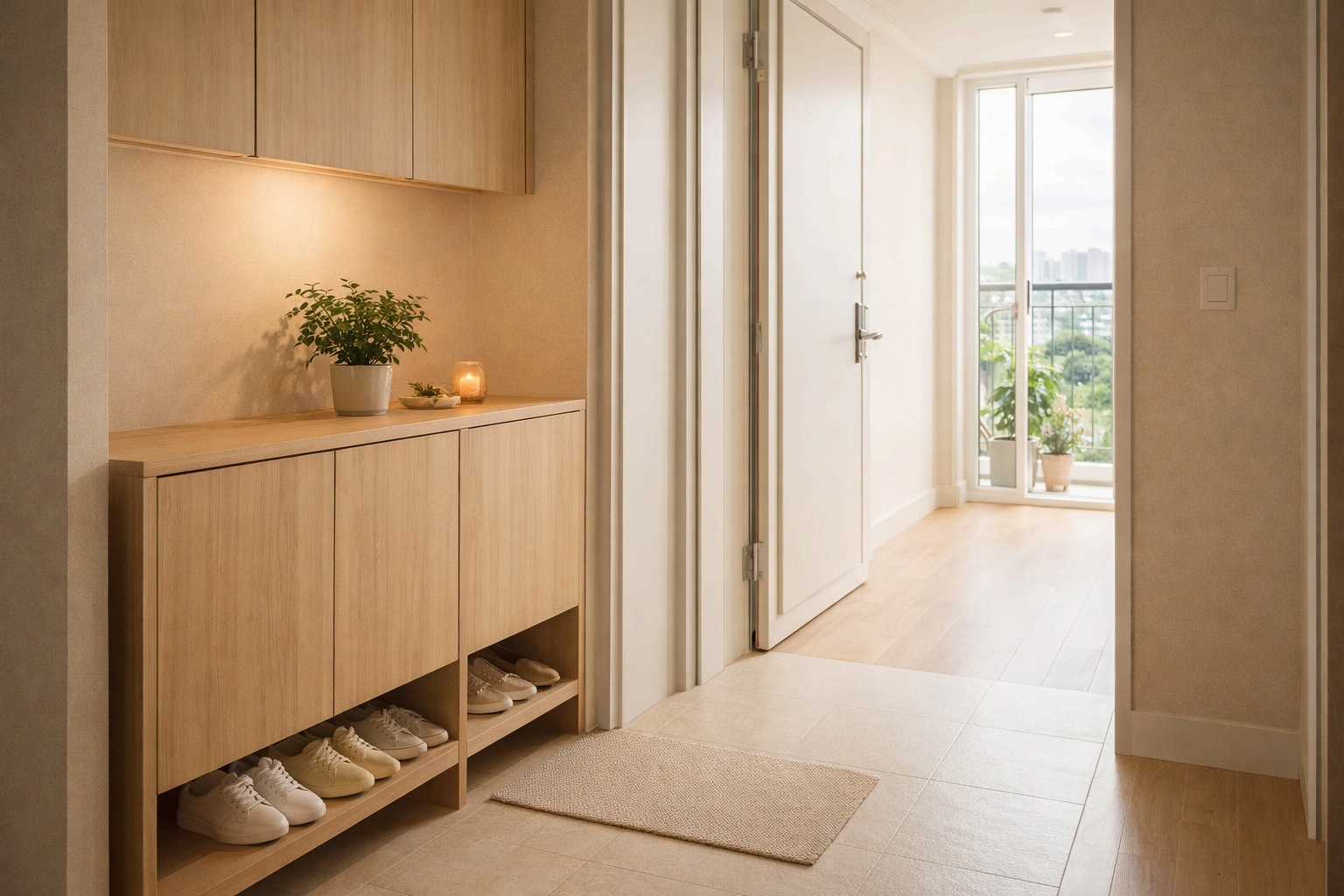현관 신발이 정리된 깨끗한 아파트 입구