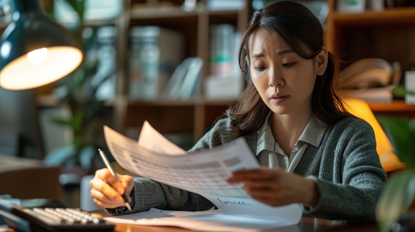 급여명세서를 보며 진지하게 계산기를 두드리는 직장인