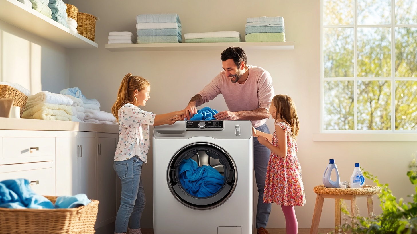 아늑하고 밝은 세탁실에서 삼성 WF24D20CVVC를 사용하면서 행복하게 세탁 중인 가족의 모습입니다.