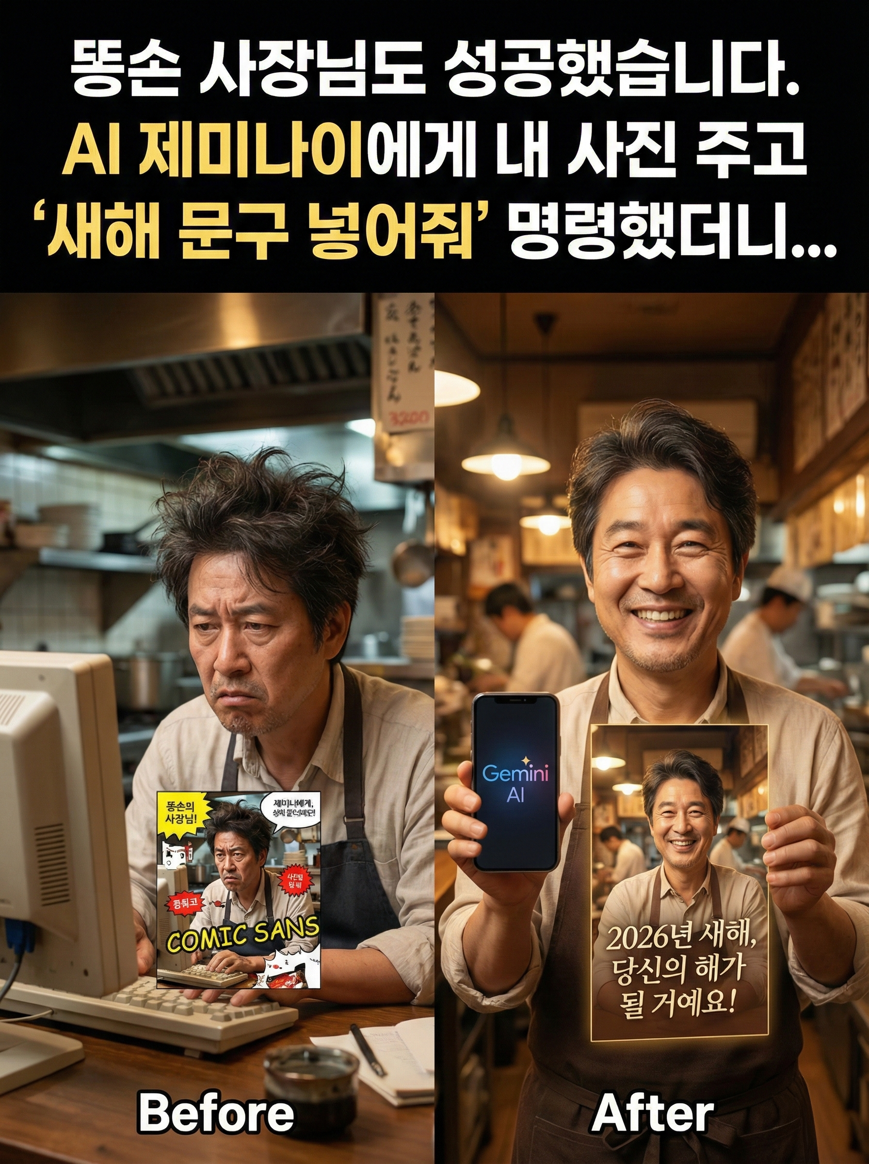 똥손 사장님도 성공했습니다. AI 제미나이에게 내 사진 주고 "새해 문구 넣어줘" 명령했더니...