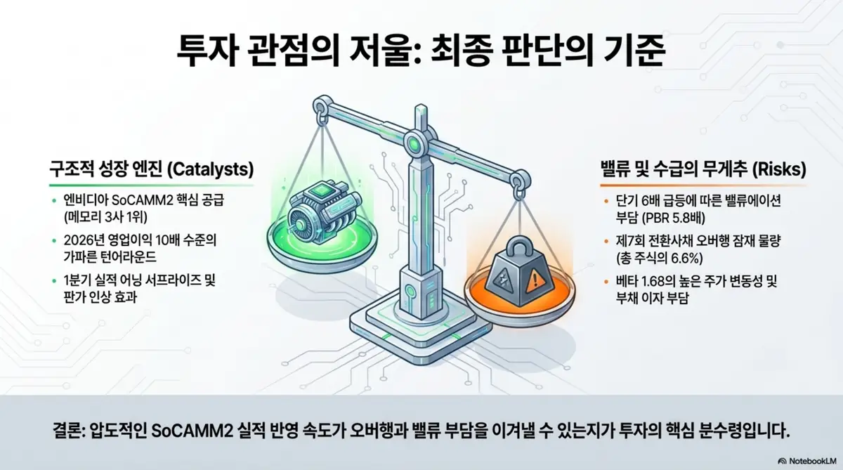 심텍 주가 전망: 심텍 투자의 성장 동력과 리스크를 저울로 비교한 이미지. 소캠2 핵심 공급과 영업이익 10배 턴어라운드라는 성장 엔진, 밸류에이션 부담과 전환사채 오버행, 높은 변동성이라는 리스크를 균형 있게 시각적으로 전달하며, 블로그의 심텍 주가 전망 결론과 관련된 내용을 설명함