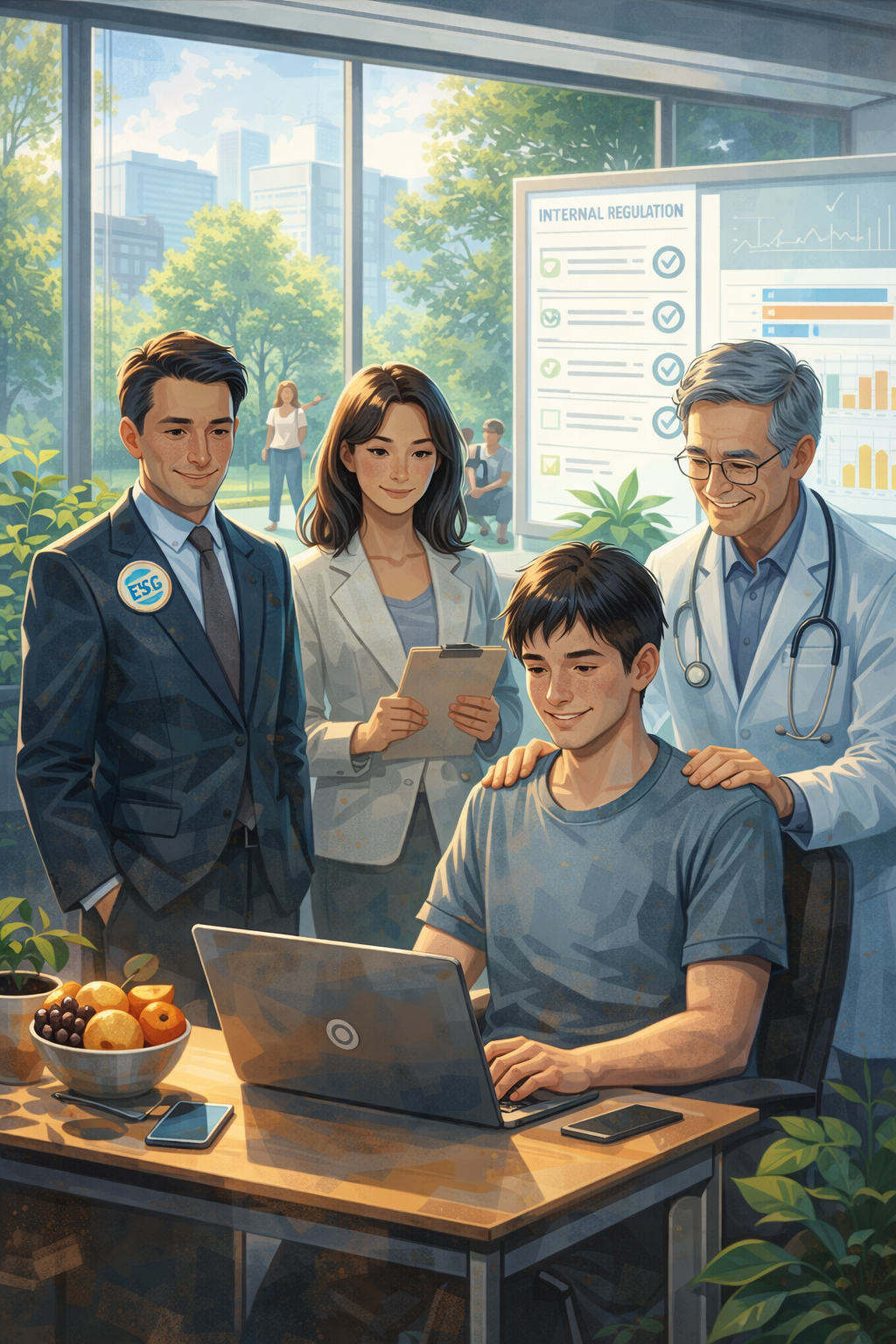 밝은 자연광이 들어오는 공간에서 한 사람이 편안한 표정으로 노트북을 사용하고 있으며, 곁에는 기업 관계자, 전문가, 의료진이 함께 서 있다. 창밖으로는 사람들이 자연 속에서 여유롭게 생활하는 모습이 보이고, 개인·기업·사회가 협력해 인간의 뇌와 선택권을 존중하는 건강한 시스템이 구축된 미래를 상징적으로 표현한 일러스트. A symbolic illustration of a calm, sunlit environment where an individual works comfortably on a laptop, supported by corporate leaders and health professionals. Outside the window, people enjoy nature, representing a future in which individuals, corporations, and society collaborate to respect human autonomy, mental health, and conscious choice.