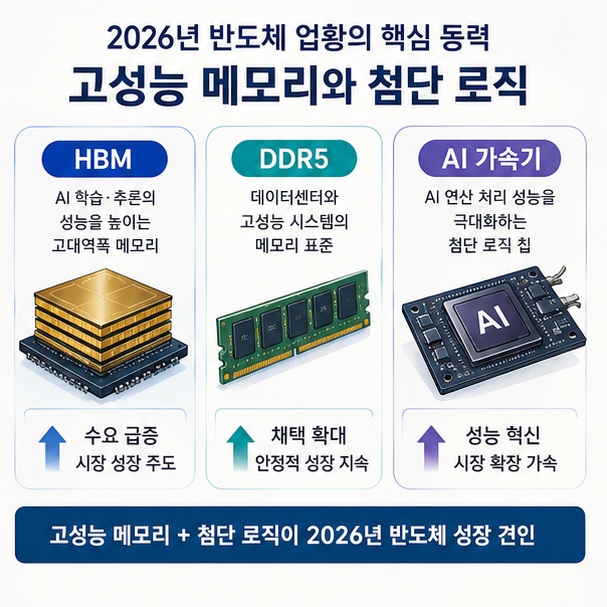 HBM과 DDR5, AI 가속기를 통해 2026년 반도체 업황에서 고성능 메모리와 첨단 로직이 주요 성장동력으로 작용하고 있음을 보여 주는 그림