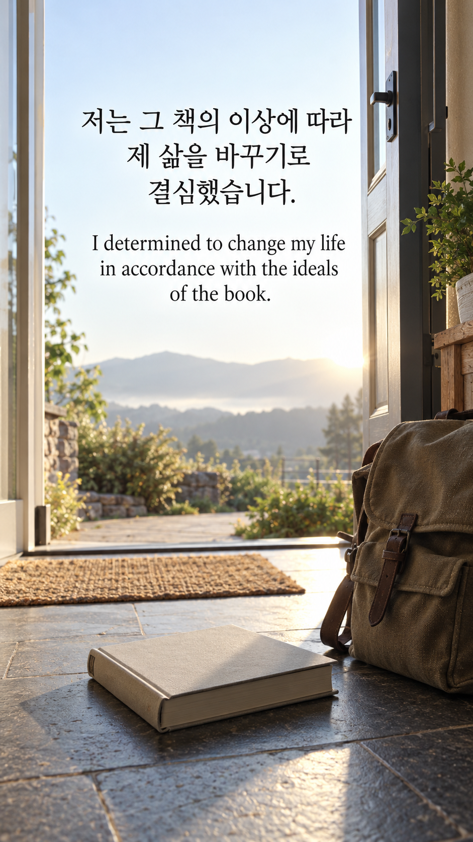 저는 그 책의 이상에 따라 제 삶을 바꾸기로 결심했습니다. &mdash; 책과 가방이 놓인 열린 출입문, 디지털카메라 사진풍