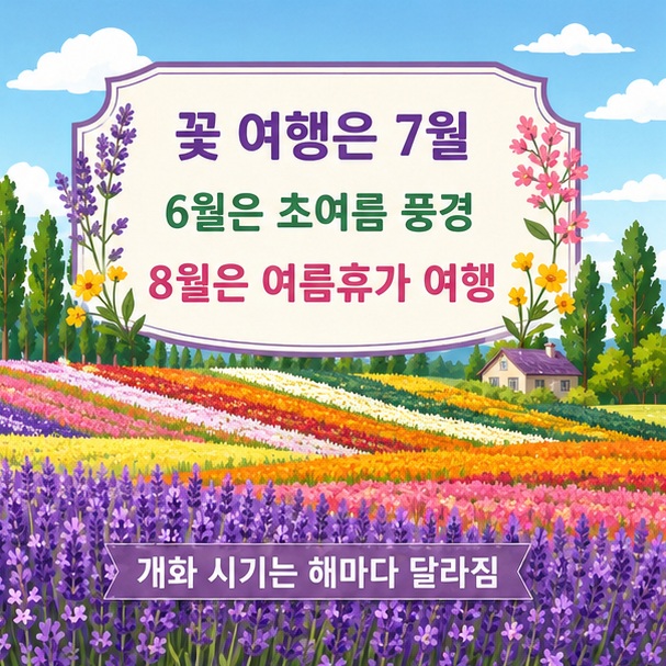 후라노와 비에이를 연상시키는 꽃밭을 배경으로 북해도에서 라벤더와 여름 꽃을 보고 싶다면 7월을 우선 고려할 수 있음을 보여 주는 그림