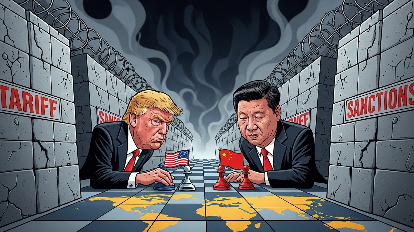 트럼프 대통령과 시진핑 주석이 체스판 위에서 마주 보고 있고, 그 주변에 높은 무역 장벽(벽)이 세워지는 긴장된 모습