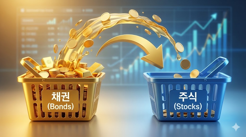 하락장에서 빨간불(수익)을 켜고 있는 채권 바구니에서 파란불(하락)인 주식 바구니로 자금이 이동하는 시각화