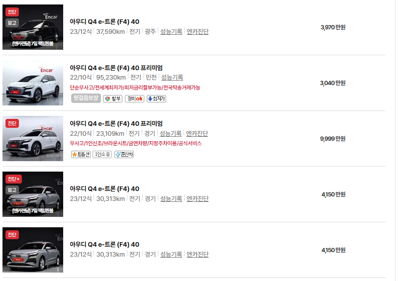 아우디 Q4 e‑트론 중고차 가격 시세표 유지비
