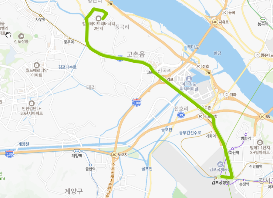 김포-서울-70C번-버스-노선-지도
