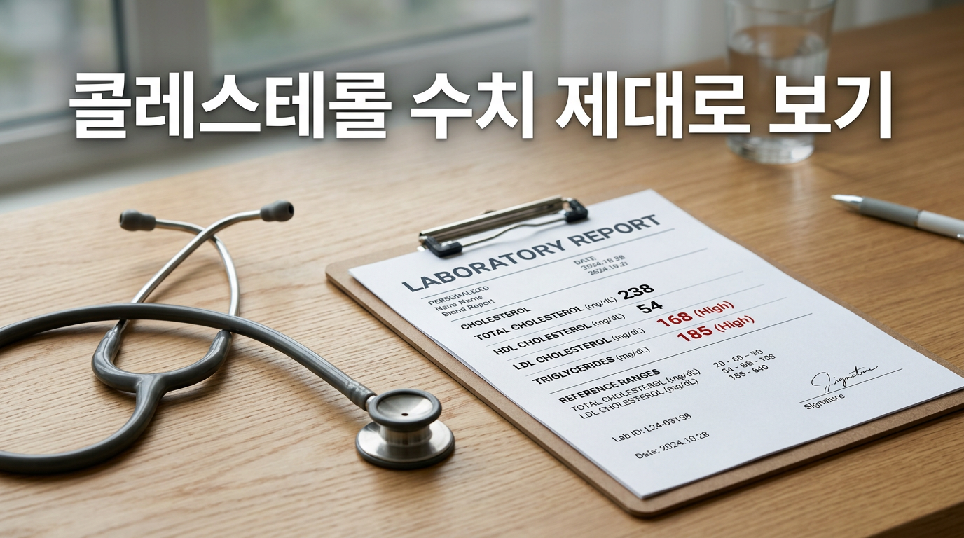 콜레스테롤 수치표와 청진기가 놓인 책상 사진