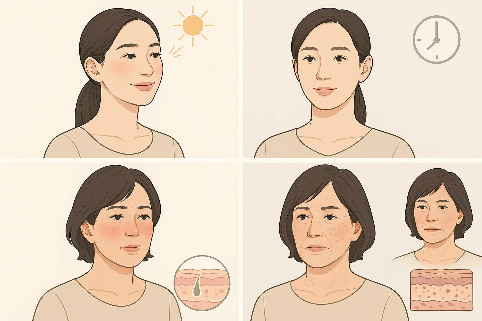 젊은 피부와 중년 피부를 비교한 전&middot;후 일러스트, 같은 햇볕 아래에서 젊은 피부는 빠르게 회복되지만 중년 피부는 붉어지고 얼룩이 남는 모습