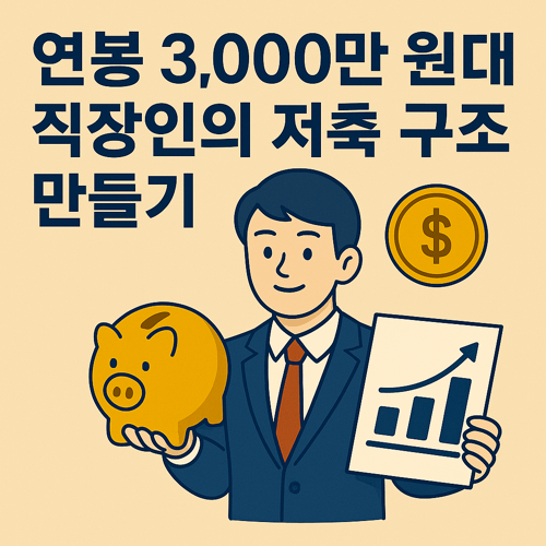 연봉 3,000만 원대 직장인을 위한 저축 구조 설계를 주제로 한 썸네일 이미지로, 정장을 입은 남성이 돼지저금통과 상승 그래프 도표를 들고 있는 금융 계획 일러스트