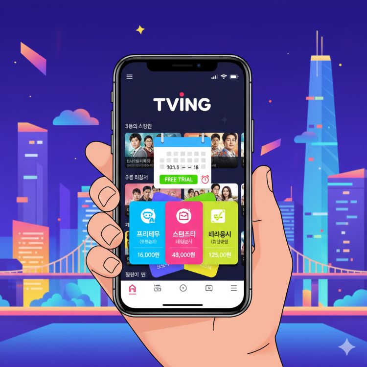 한국 도시의 스마트폰 화면에 티빙 로고가 보이는 화면, 무료 체험 기간 달력 알람이 켜진 모습, 다채로운 색감의 요금제 카드가 겹쳐진 인포그래픽 스타일