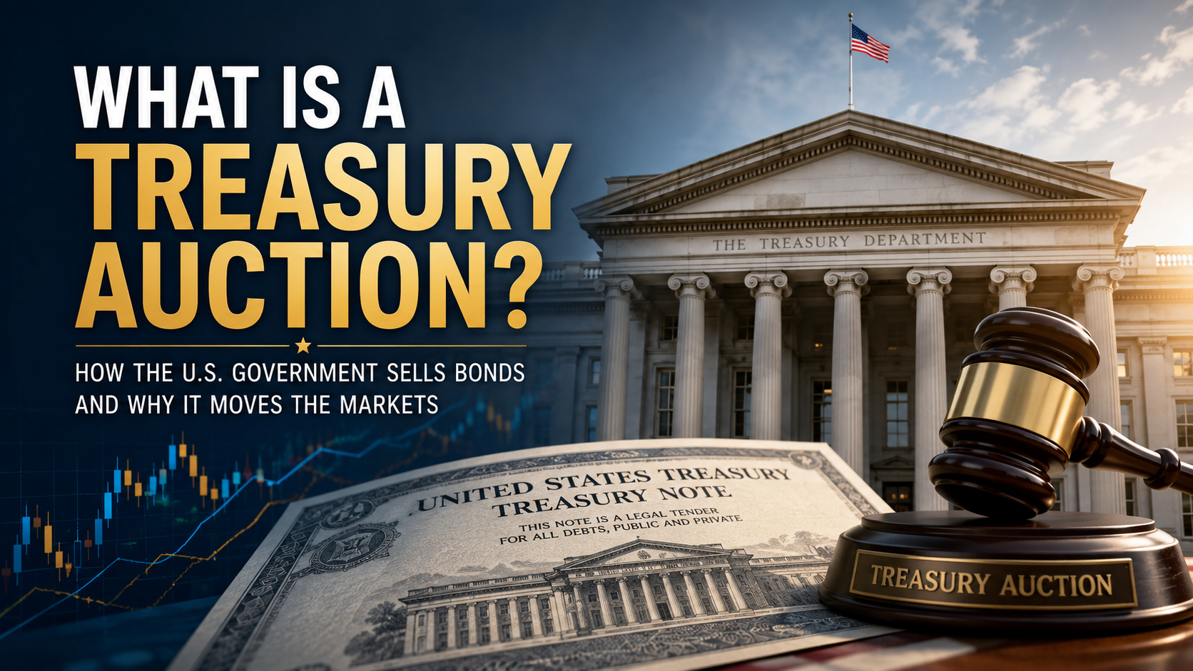 Cinematic illustration of a U.S. Treasury auction featuring the Treasury building, government bonds, and auction gavel representing interest rate discovery.