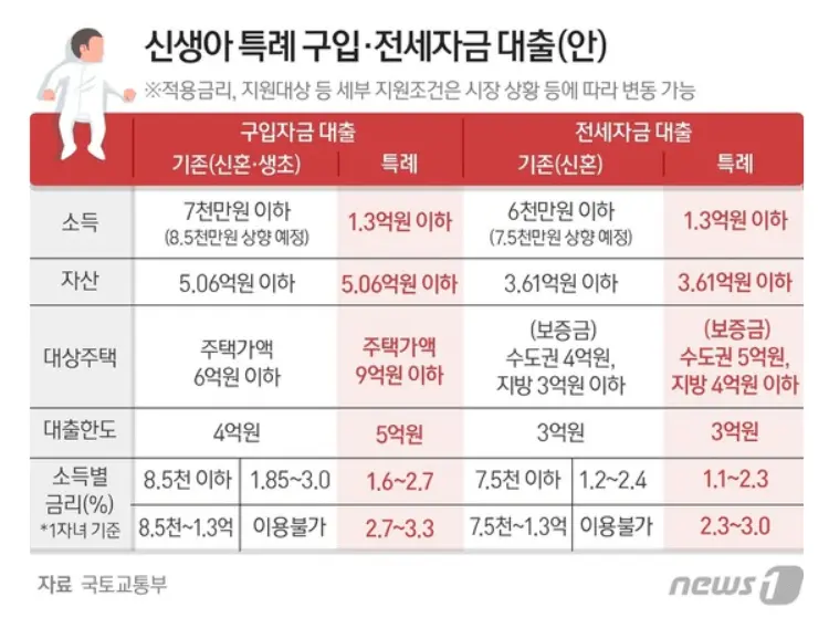 신생아 특례대출을 정리한 표
