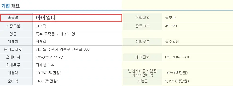 아이엠티 공모주 기업개요