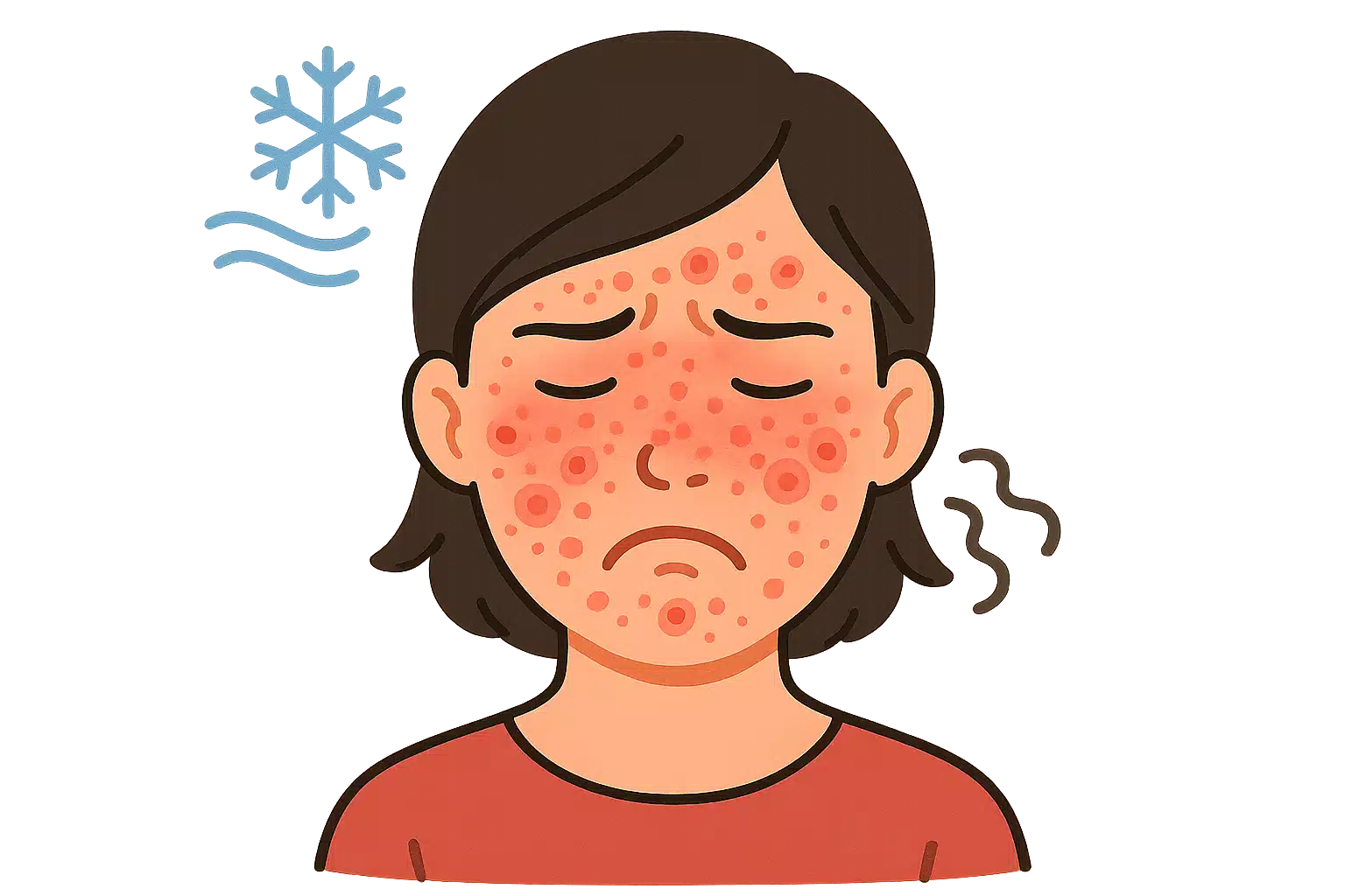 차가운 공기에 노출된 얼굴에 붉은 두드러기와 발진이 생긴 모습