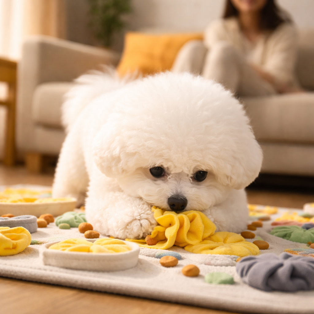 노즈워크 장난감에 집중하고 있는 강아지