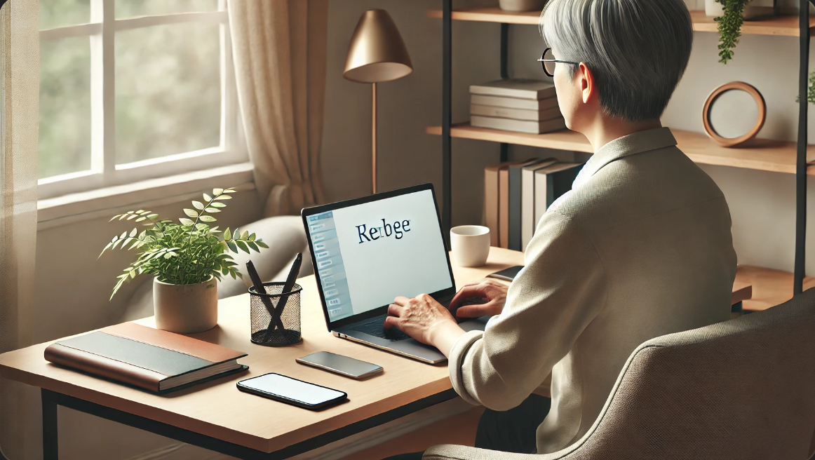 집에서 노트북을 사용하고 있는 중년의 아시아인이 있는 홈 오피스 설정입니다.