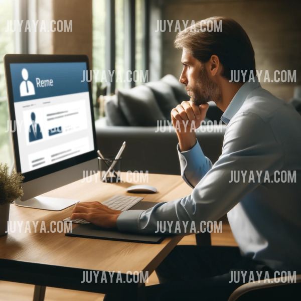 직장인이 컴퓨터로 채용 공고를 검색하는 모습. 새로운 직장 기회를 모색하는 모습이 강조된 장면.