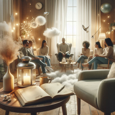 여러 사람이 모여 꿈과 관련된 이야기를 나누고 있는 따뜻한 공간입니다.