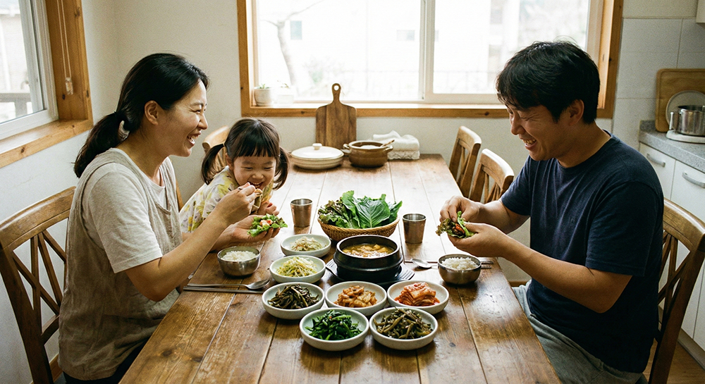 장 건강 좋아지는 법을 실천하는 가족의 식이섬유 풍부한 채소 식단 이미지
