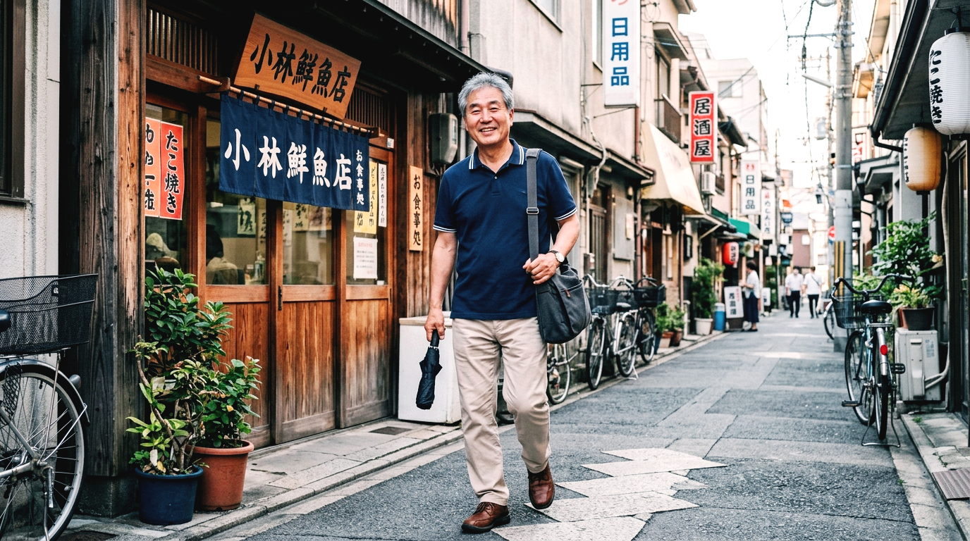 오사카의 작은 골목길 시장 근처에서 작은 우산을 들고 산책 중인 60대 남성의 모습