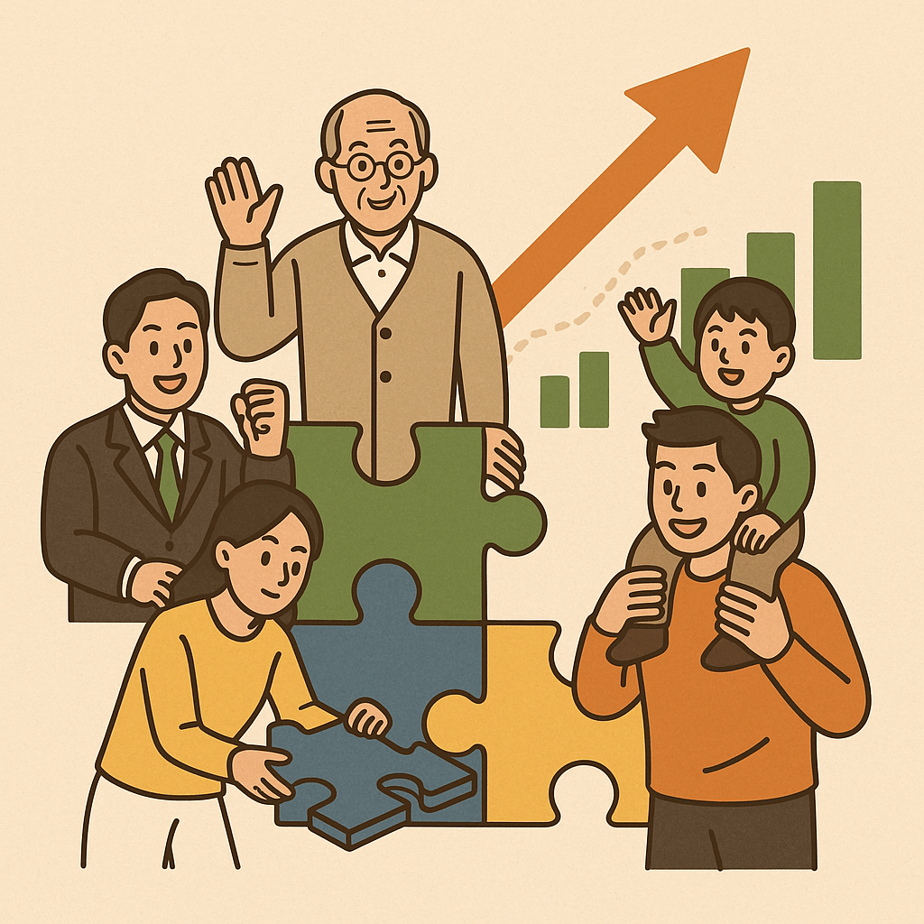 퍼즐 조각 위에서 다양한 세대가 함께하는 모습과 상승 화살표, 바 차트로 정책의 경제 회복·성장 의지를 직관적으로 표현한 이미지